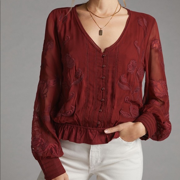 Anthropologie Tops - NWT Anthropologie Embroidered Wine Blouse Medium